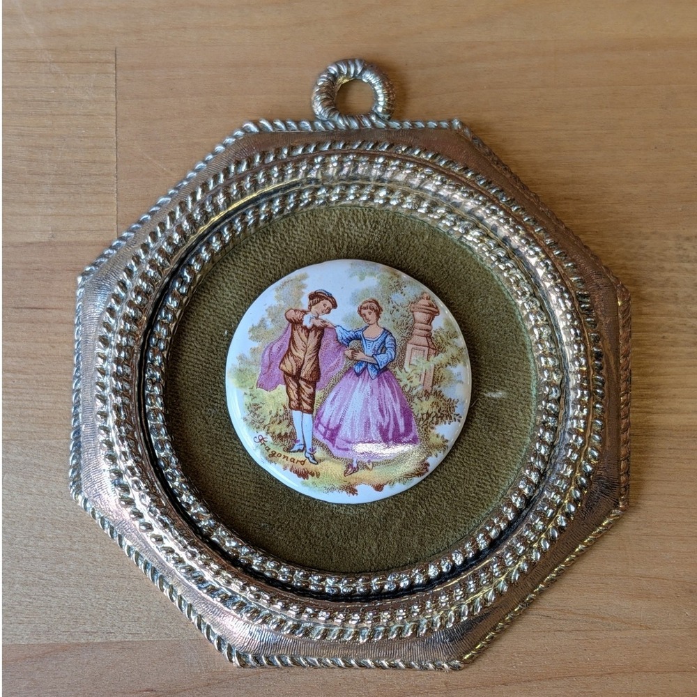 Vintage Fragonard Courting Couple Porcelain Miniature Wall Art Octagon Frame 4x4